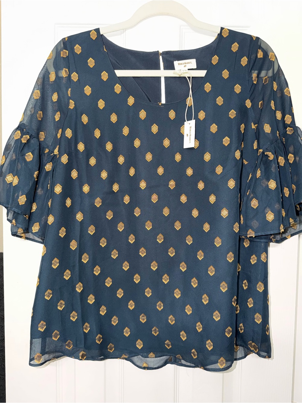 World Market Navy Blue Blouse with Gold Dot Pattern